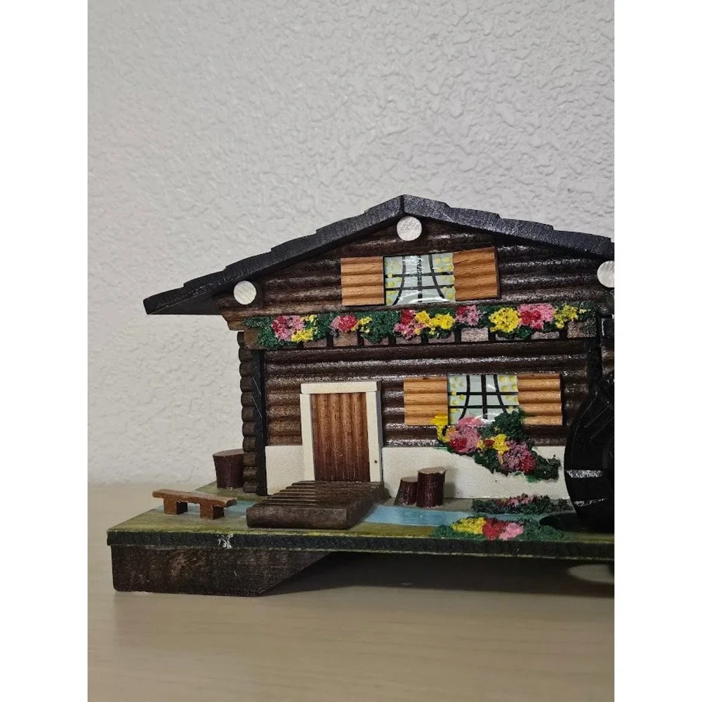 Vintage Japan Wood Chalet Music Box Water Wheel Alpine Cabin Jewelry Box Mirror